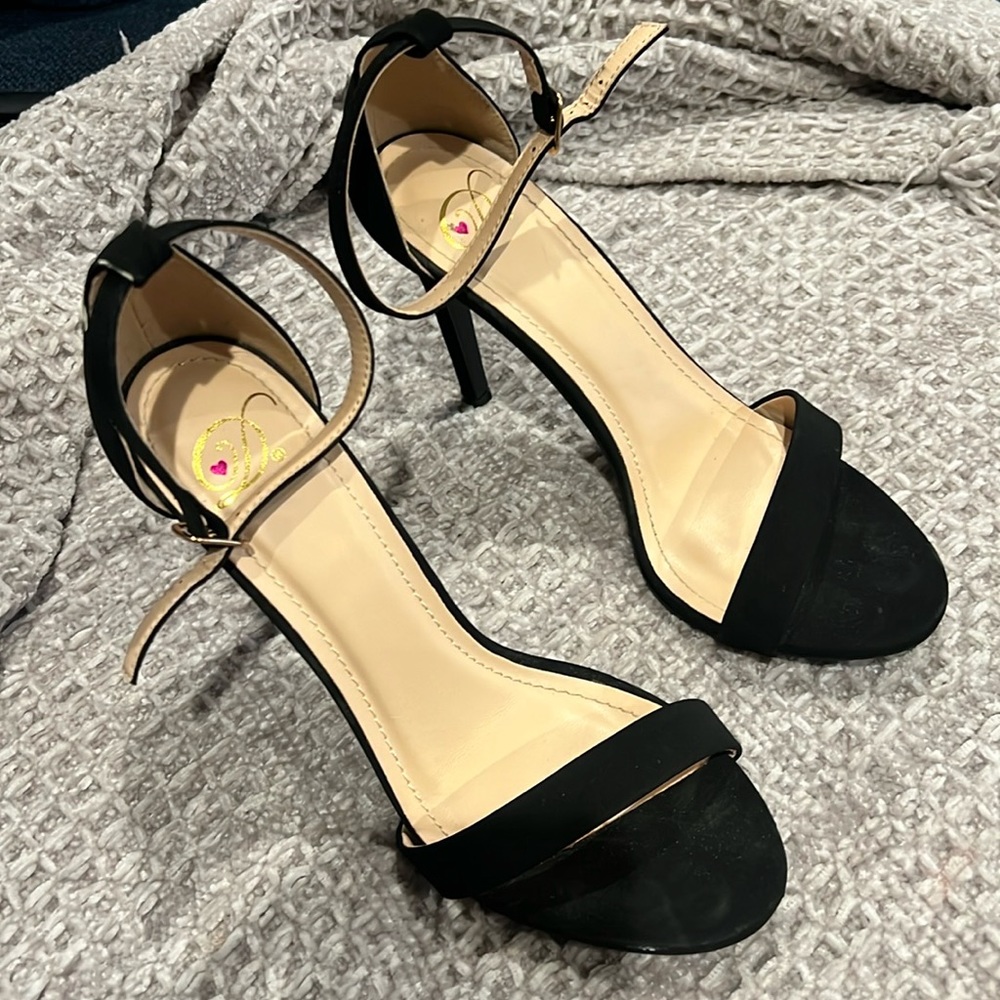 Delicious Black Faux Suede Ankle Strap Stiletto Heels‎
